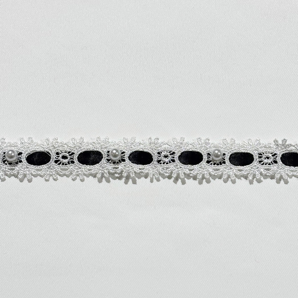 リボン 【 パールレースリボン 22mm 白黒 】 レースリボン パール付き