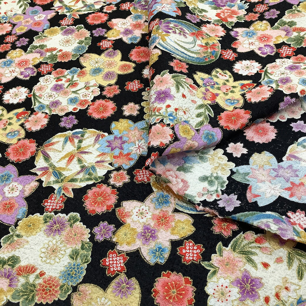 生地【 和柄プリント 花手鞠 2色 】桜 梅 菊 紅葉 手毬 ちりめん生地 浴衣生地 和風生地 110cm巾 綿100% 和装 着物 浴衣 巾着 バッグ 和装小物 髪飾り 衣装 婚礼 袱紗 足袋入れ パッチワーク ハンドメイド 手芸 日本製 布 布地 Textile World TOA