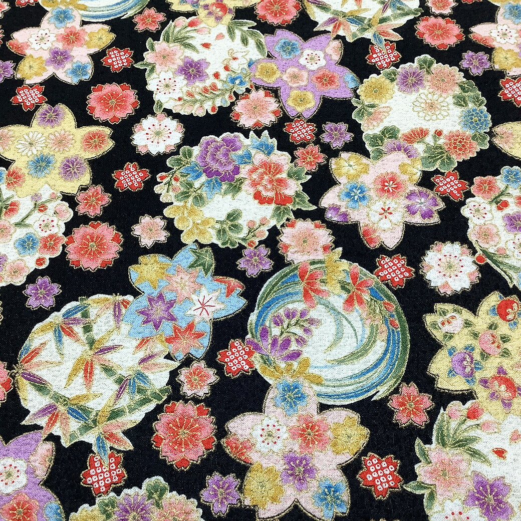 生地【 和柄プリント 花手鞠 2色 】桜 梅 菊 紅葉 手毬 ちりめん生地 浴衣生地 和風生地 110cm巾 綿100% 和装 着物 浴衣 巾着 バッグ 和装小物 髪飾り 衣装 婚礼 袱紗 足袋入れ パッチワーク ハンドメイド 手芸 日本製 布 布地 Textile World TOA