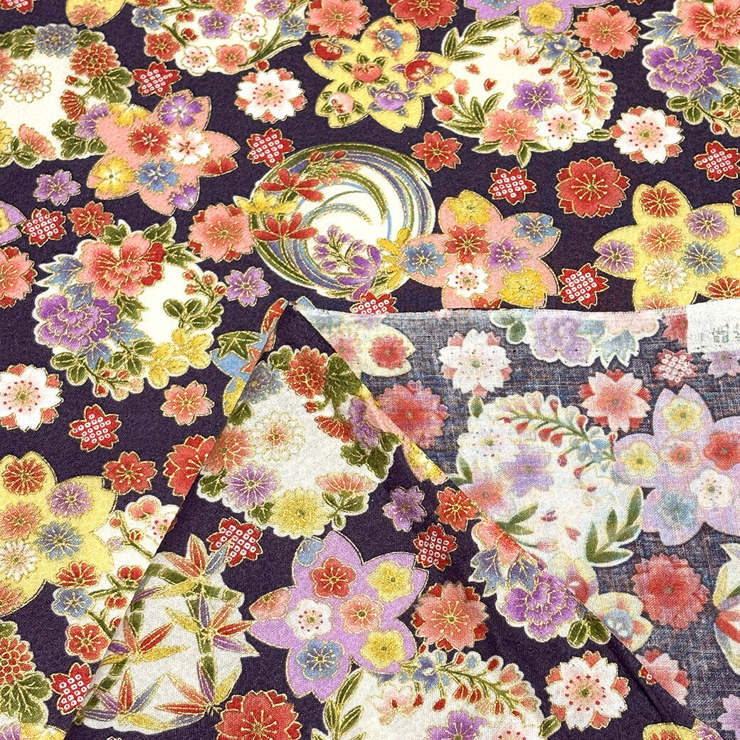 生地【 和柄プリント 花手鞠 2色 】桜 梅 菊 紅葉 手毬 ちりめん生地 浴衣生地 和風生地 110cm巾 綿100% 和装 着物 浴衣 巾着 バッグ 和装小物 髪飾り 衣装 婚礼 袱紗 足袋入れ パッチワーク ハンドメイド 手芸 日本製 布 布地 Textile World TOA