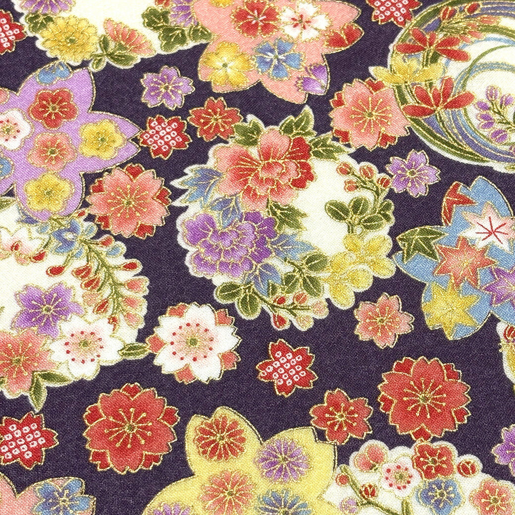 生地【 和柄プリント 花手鞠 2色 】桜 梅 菊 紅葉 手毬 ちりめん生地 浴衣生地 和風生地 110cm巾 綿100% 和装 着物 浴衣 巾着 バッグ 和装小物 髪飾り 衣装 婚礼 袱紗 足袋入れ パッチワーク ハンドメイド 手芸 日本製 布 布地 Textile World TOA