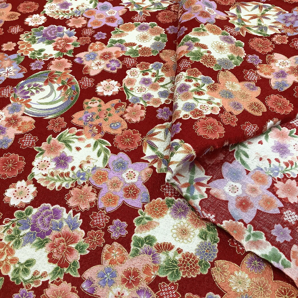 生地【 和柄プリント 花手鞠 レッド 】桜 梅 菊 紅葉 手毬 ちりめん生地 浴衣生地 和風生地 110cm巾 綿100% 和装 着物 浴衣 巾着 バッグ 和装小物 髪飾り 衣装 婚礼 袱紗 足袋入れ パッチワーク ハンドメイド 手芸 日本製 布 布地 Textile World TOA