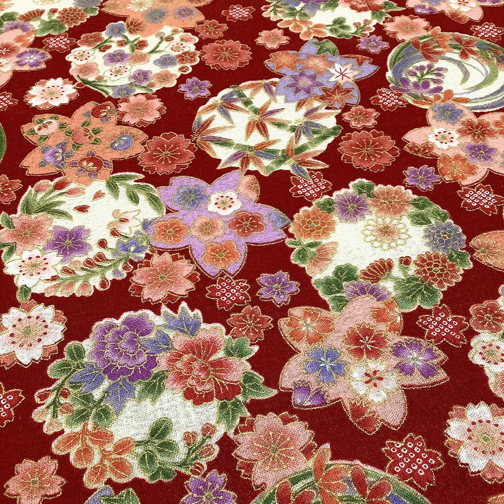 生地【 和柄プリント 花手鞠 レッド 】桜 梅 菊 紅葉 手毬 ちりめん生地 浴衣生地 和風生地 110cm巾 綿100% 和装 着物 浴衣 巾着 バッグ 和装小物 髪飾り 衣装 婚礼 袱紗 足袋入れ パッチワーク ハンドメイド 手芸 日本製 布 布地 Textile World TOA