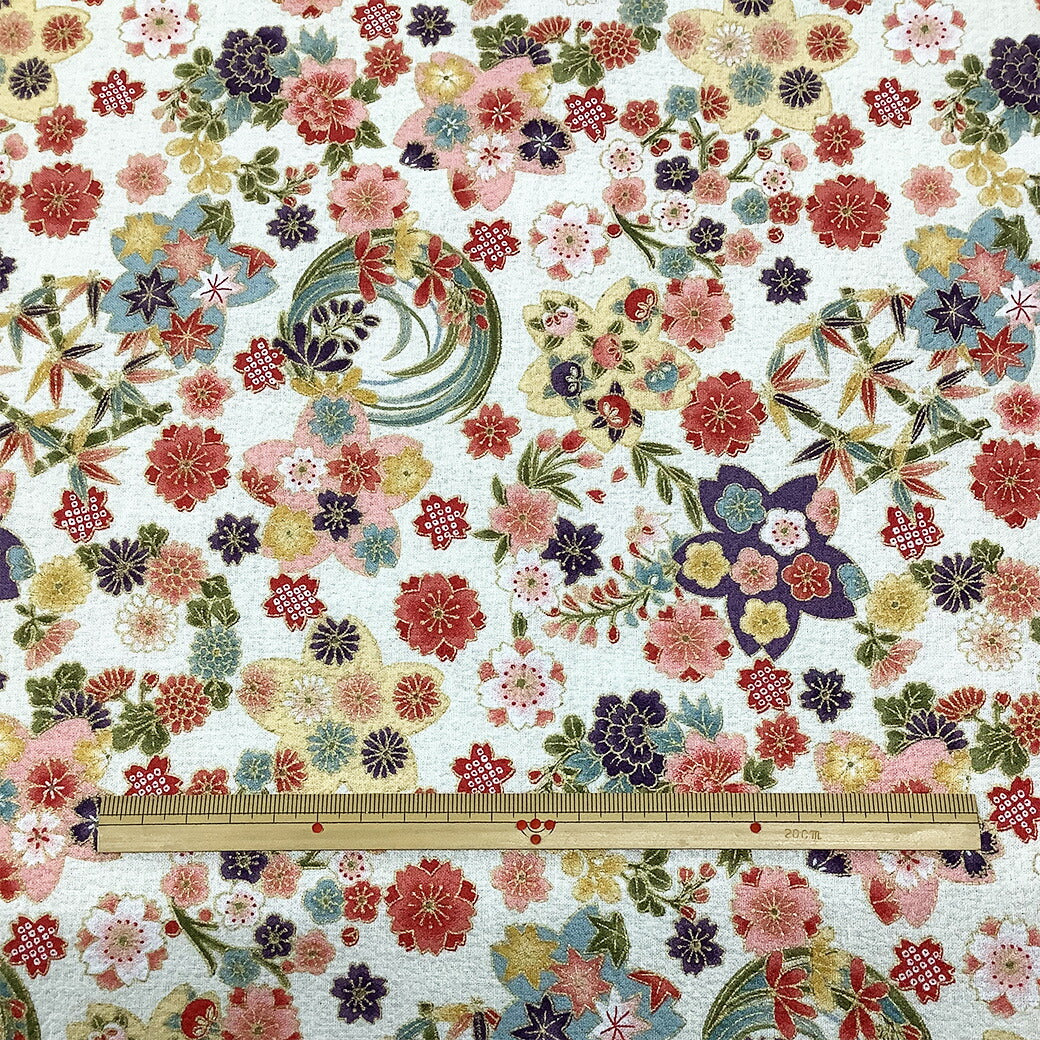 生地【 和柄プリント 花手鞠 ホワイト 】桜 梅 菊 紅葉 手毬 ちりめん生地 浴衣生地 和風生地 110cm巾 綿100% 和装 着物 浴衣 巾着 バッグ 和装小物 髪飾り 衣装 婚礼 袱紗 足袋入れ パッチワーク ハンドメイド 手芸 日本製 布 布地 Textile World TOA (コピー)