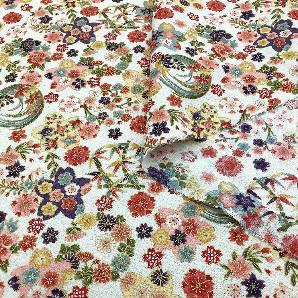 生地【 和柄プリント 花手鞠 ホワイト 】桜 梅 菊 紅葉 手毬 ちりめん生地 浴衣生地 和風生地 110cm巾 綿100% 和装 着物 浴衣 巾着 バッグ 和装小物 髪飾り 衣装 婚礼 袱紗 足袋入れ パッチワーク ハンドメイド 手芸 日本製 布 布地 Textile World TOA (コピー)