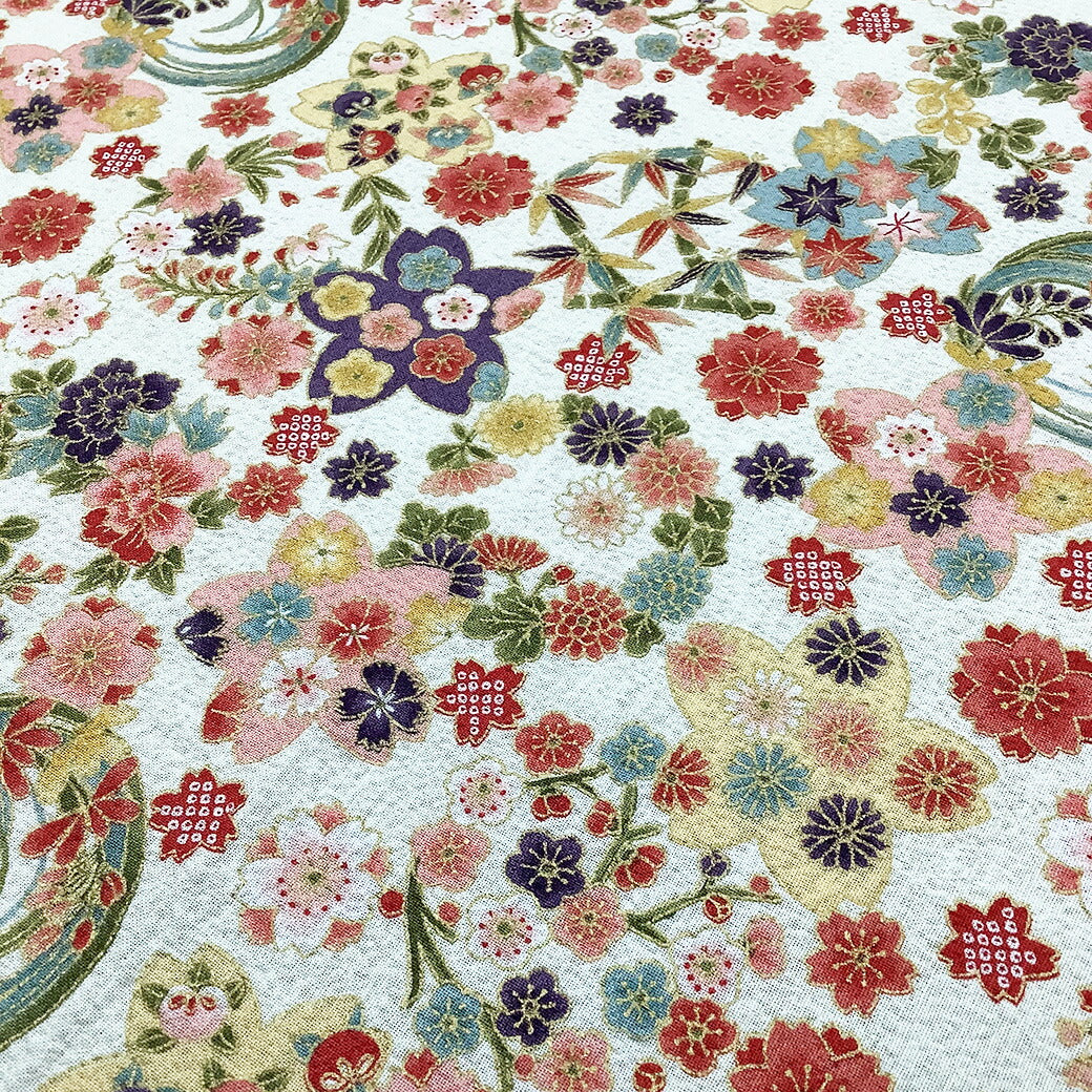 生地【 和柄プリント 花手鞠 ホワイト 】桜 梅 菊 紅葉 手毬 ちりめん生地 浴衣生地 和風生地 110cm巾 綿100% 和装 着物 浴衣 巾着 バッグ 和装小物 髪飾り 衣装 婚礼 袱紗 足袋入れ パッチワーク ハンドメイド 手芸 日本製 布 布地 Textile World TOA (コピー)