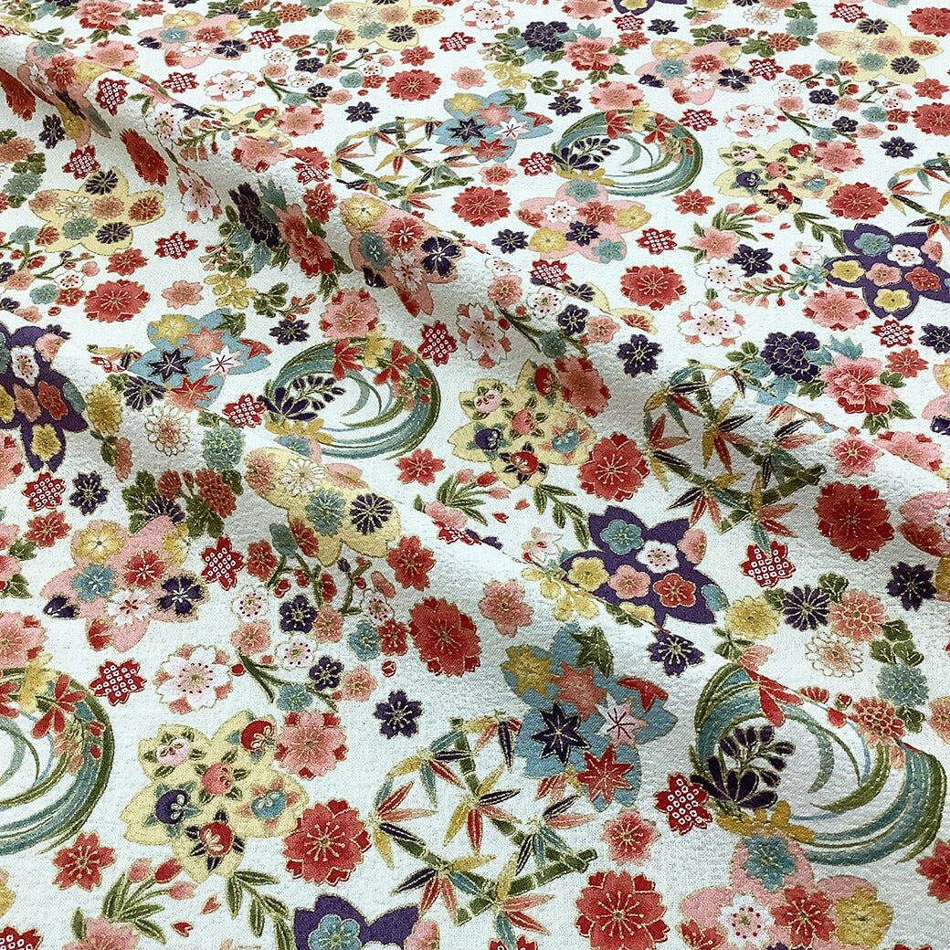 生地【 和柄プリント 花手鞠 ホワイト 】桜 梅 菊 紅葉 手毬 ちりめん生地 浴衣生地 和風生地 110cm巾 綿100% 和装 着物 浴衣 巾着 バッグ 和装小物 髪飾り 衣装 婚礼 袱紗 足袋入れ パッチワーク ハンドメイド 手芸 日本製 布 布地 Textile World TOA (コピー)