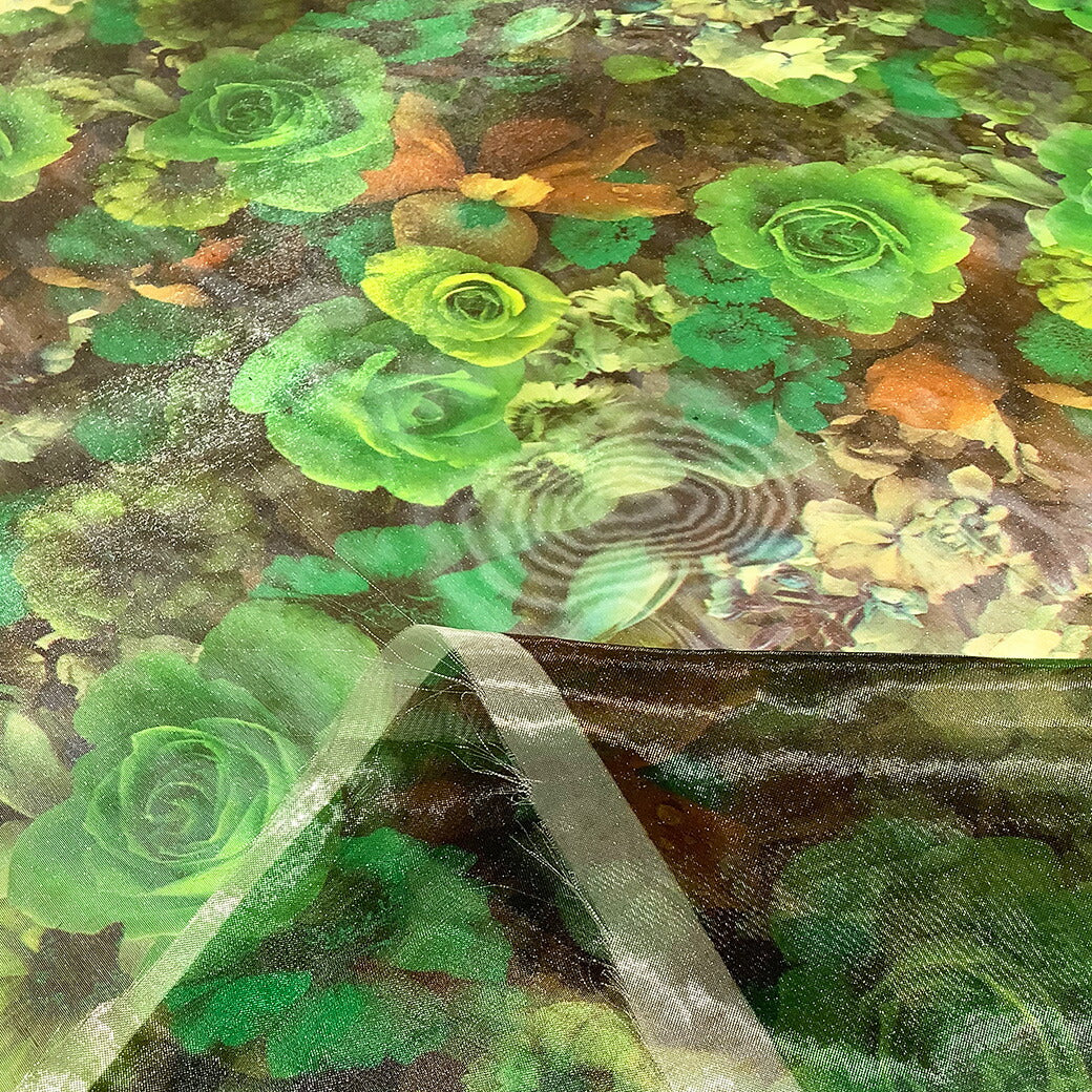 生地 【 オーガンジープリント 花柄 】 オーガンジー 生地 プリントオーガンジー 水彩 薔薇 バラ ローズ 花柄プリント アンティーク フラワー エレガント ブラウス ワンピース スカート 発表会 衣装 卒業制作 衣装作り ダンス衣装 インテリア グリーン 緑 Textile World TOA