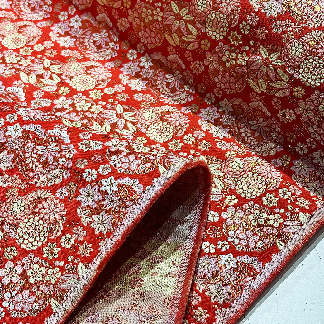 生地 【 金襴 吉祥紋様 レッド 】 金襴生地 吉祥 菊 松 竹 笹 菊紋 桜 紅葉 もみじ 縁起 和柄 京都西陣織 よさこい 金襴布 金襴 きんらん 座布団 つまみ細工 人形衣装 能衣装 袈裟 表装 掛け軸 御朱印帳ケース