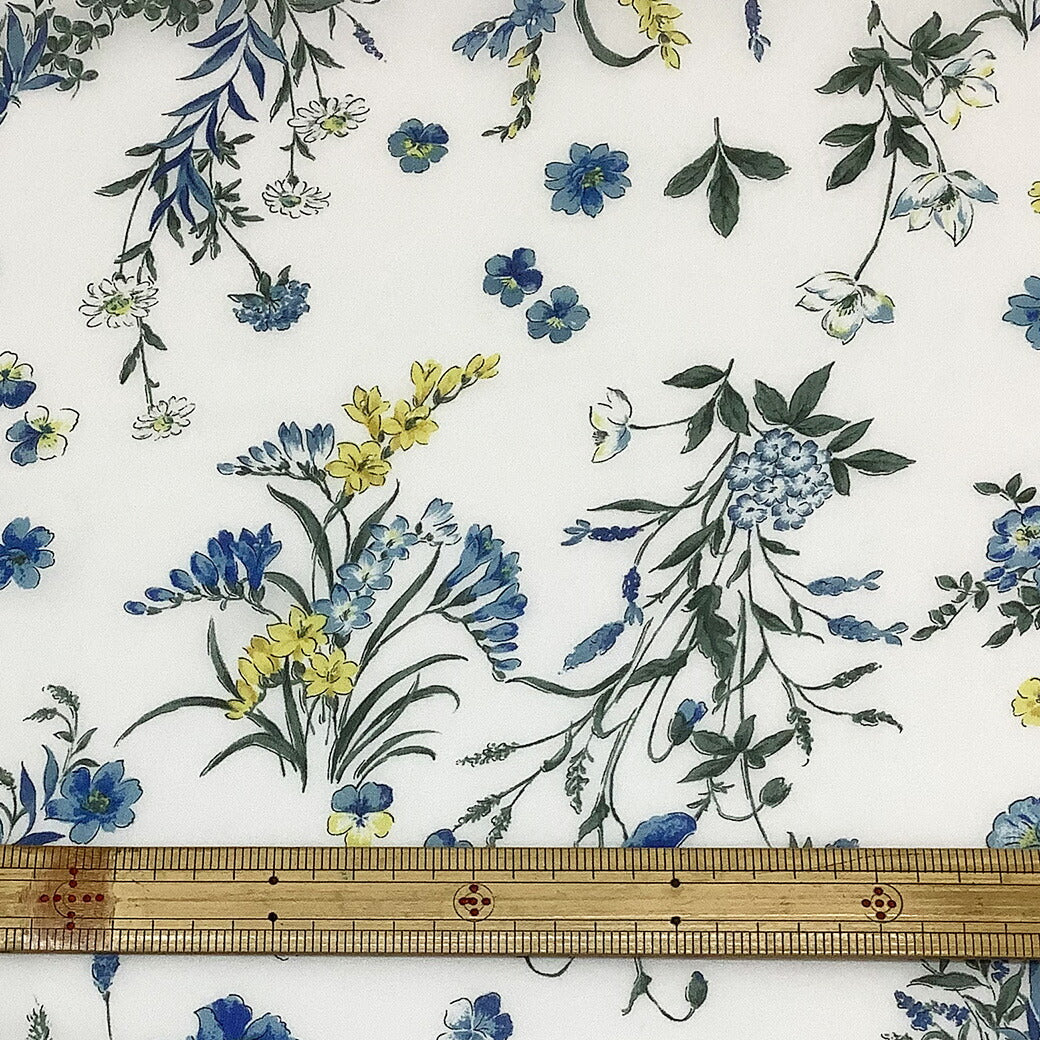 生地 【 花柄シフォン 青 】 花柄生地 シルク生地 シルク シフォン生地 レトロフラワー アンティーク調 クラシックフラワー 花 小花 花柄プリント シフォン ブラウス シャツ ベール ドレス 装飾 アクセサリーパーツ スカ