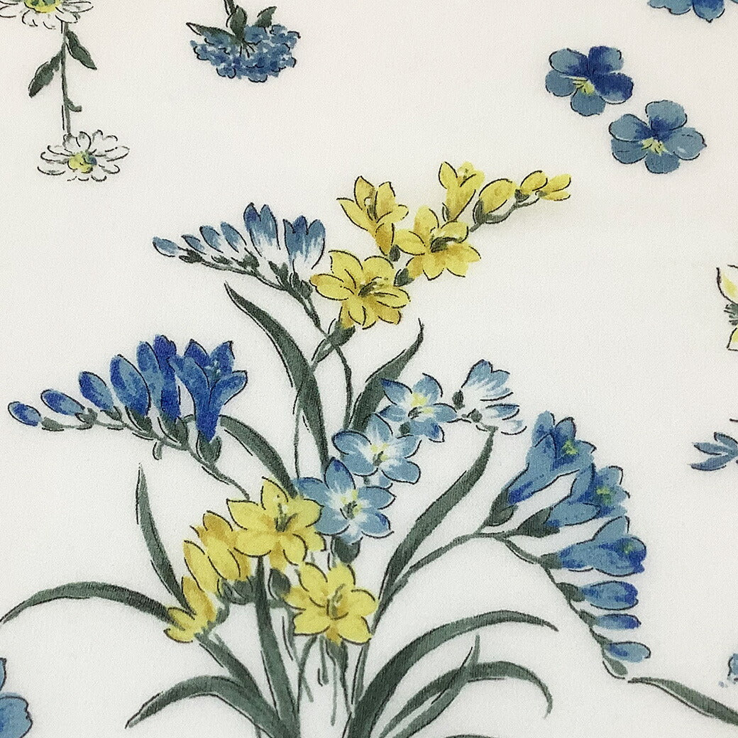 生地 【 花柄シフォン 青 】 花柄生地 シルク生地 シルク シフォン生地 レトロフラワー アンティーク調 クラシックフラワー 花 小花 花柄プリント シフォン ブラウス シャツ ベール ドレス 装飾 アクセサリーパーツ スカ