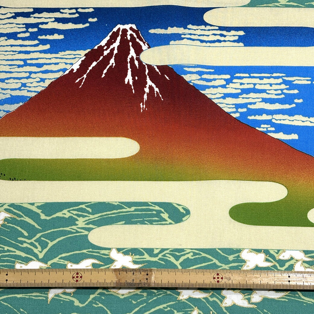生地 【 和柄 霞富士 -KASUMIFUJI- 若草 】 和柄 浮世絵風 霞富士 赤富士 富士山 シーチング生地 綿生地 コットン 綿100% 日本柄 縁起物 大柄 壁掛け 布地 暖簾 のれん ファブリックパネル インテリア