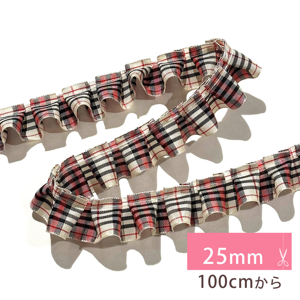 リボン 【 チェックフリル 25mm 赤白緑 】 フリルリボン ギンガム