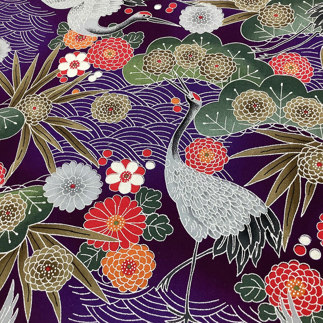 生地【 和柄プリント 鶴 パープル 】 鶴 青海波 菊 竹 浴衣生地 和風生地 112cm巾 綿100% 和装 着物 浴衣 巾着 バッグ 和装小物 髪飾り 衣装 婚礼 袱紗 足袋入れ パッチワーク ハンドメイド 手芸 日本製 布 布地 Te