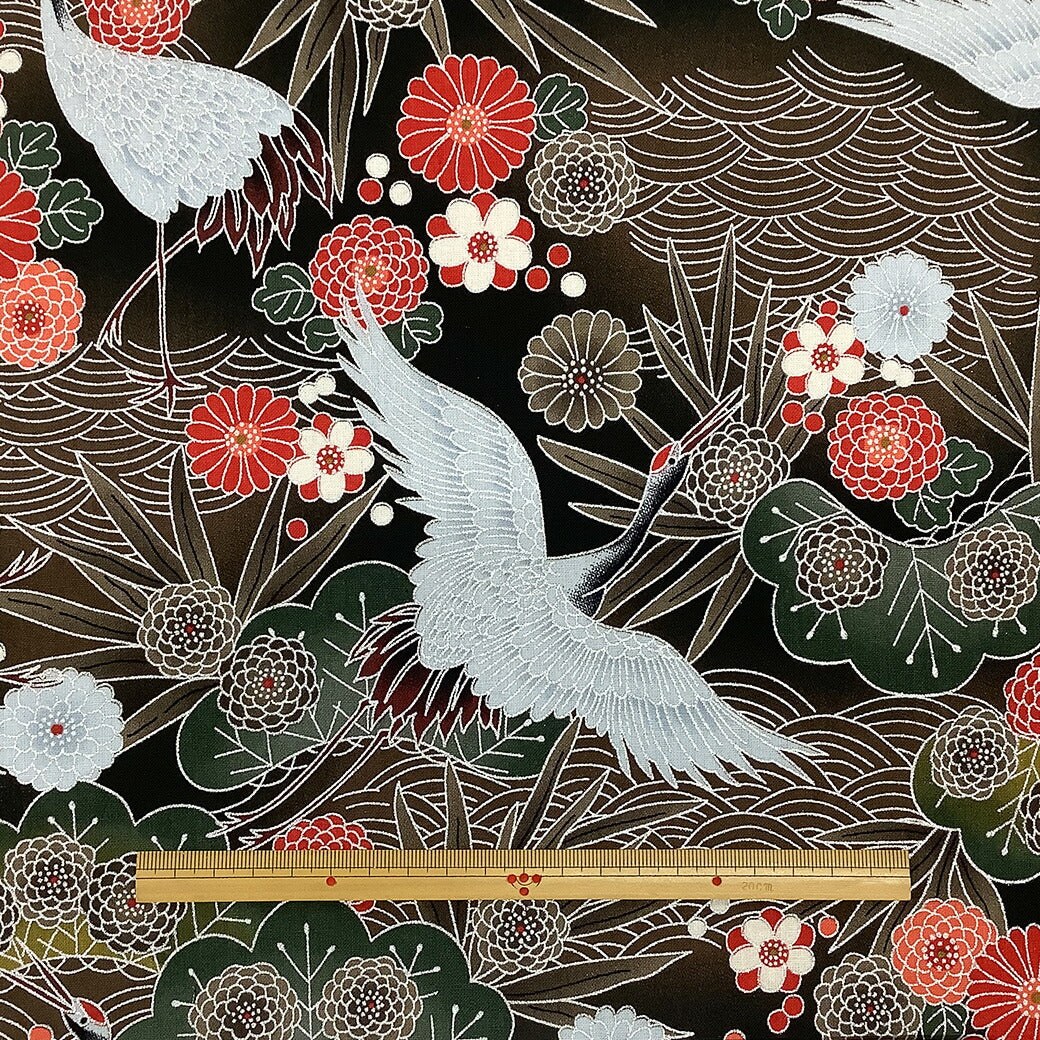生地【 和柄プリント 鶴 ブラウン 】 鶴 青海波 菊 竹 浴衣生地 和風生地 112cm巾 綿100% 和装 着物 浴衣 巾着 バッグ 和装小物 髪飾り 衣装 婚礼 袱紗 足袋入れ パッチワーク ハンドメイド 手芸 日本製 布 布地 Te