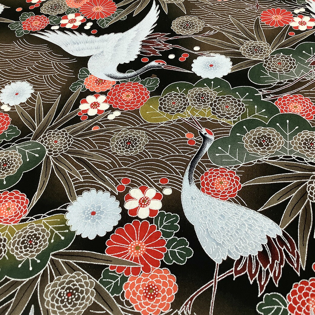 生地【 和柄プリント 鶴 ブラウン 】 鶴 青海波 菊 竹 浴衣生地 和風生地 112cm巾 綿100% 和装 着物 浴衣 巾着 バッグ 和装小物 髪飾り 衣装 婚礼 袱紗 足袋入れ パッチワーク ハンドメイド 手芸 日本製 布 布地 Te