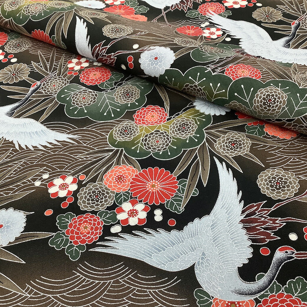 生地【 和柄プリント 鶴 ブラウン 】 鶴 青海波 菊 竹 浴衣生地 和風生地 112cm巾 綿100% 和装 着物 浴衣 巾着 バッグ 和装小物 髪飾り 衣装 婚礼 袱紗 足袋入れ パッチワーク ハンドメイド 手芸 日本製 布 布地 Te