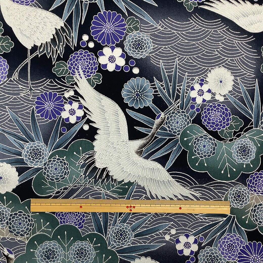 生地【 和柄プリント 鶴 ブルー 】 鶴 青海波 菊 竹 浴衣生地 和風生地 112cm巾 綿100% 和装 着物 浴衣 巾着 バッグ 和装小物 髪飾り 衣装 婚礼 袱紗 足袋入れ パッチワーク ハンドメイド 手芸 日本製 布 布地 Tex
