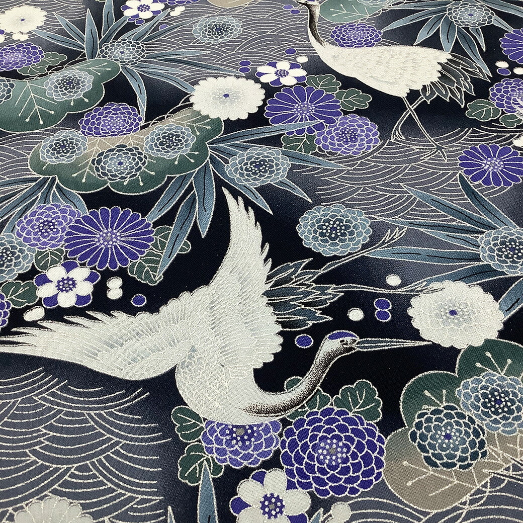 生地【 和柄プリント 鶴 ブルー 】 鶴 青海波 菊 竹 浴衣生地 和風生地 112cm巾 綿100% 和装 着物 浴衣 巾着 バッグ 和装小物 髪飾り 衣装 婚礼 袱紗 足袋入れ パッチワーク ハンドメイド 手芸 日本製 布 布地 Tex