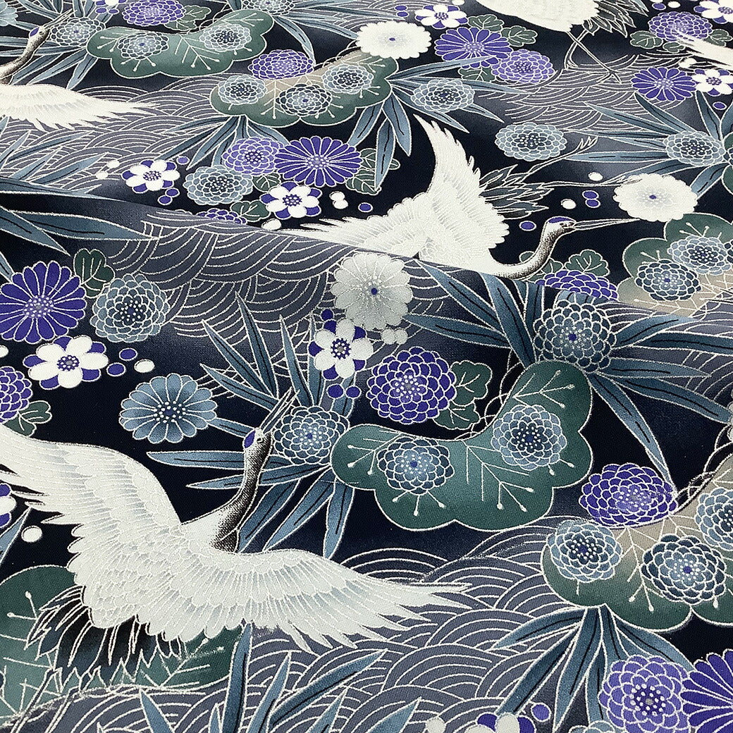 生地【 和柄プリント 鶴 ブルー 】 鶴 青海波 菊 竹 浴衣生地 和風生地 112cm巾 綿100% 和装 着物 浴衣 巾着 バッグ 和装小物 髪飾り 衣装 婚礼 袱紗 足袋入れ パッチワーク ハンドメイド 手芸 日本製 布 布地 Tex