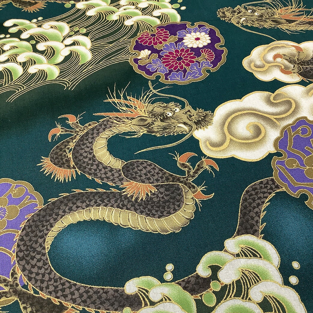 生地 【 和柄プリント 龍 グリーン 】 昇龍 龍神 112cm巾 綿100%