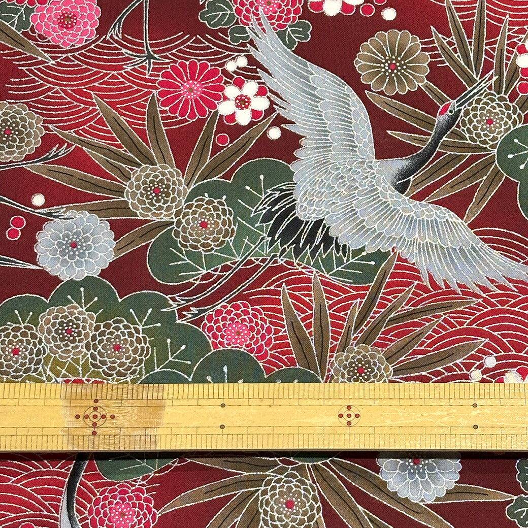 生地【 和柄プリント 鶴 レッド 】 鶴 青海波 菊 竹 浴衣生地 和風生地 112cm巾 綿100% 和装 着物 浴衣 巾着 バッグ 和装小物 髪飾り 衣装 婚礼 袱紗 足袋入れ パッチワーク ハンドメイド 手芸 日本製 布 布地 Tex
