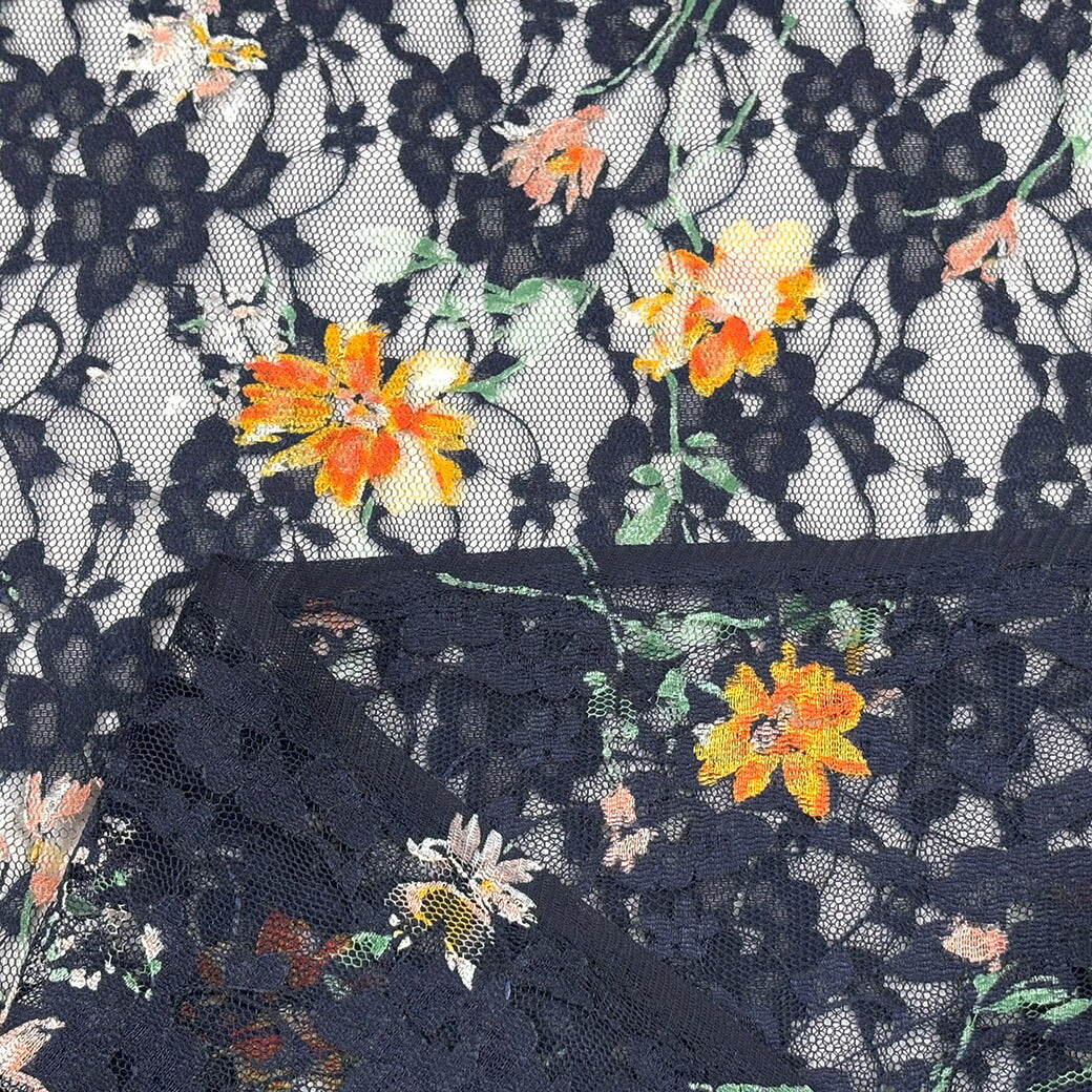 生地 【 ラッセルレース ネイビー 】 レース レース生地 ラッセルレース生地 刺繍 レース刺繍 花柄 植物柄 ボタニカル 伸縮性 ワンピーズ チュニック スカート カーテン テーブルクロス ブライダル ウェディング コスプレ ポ