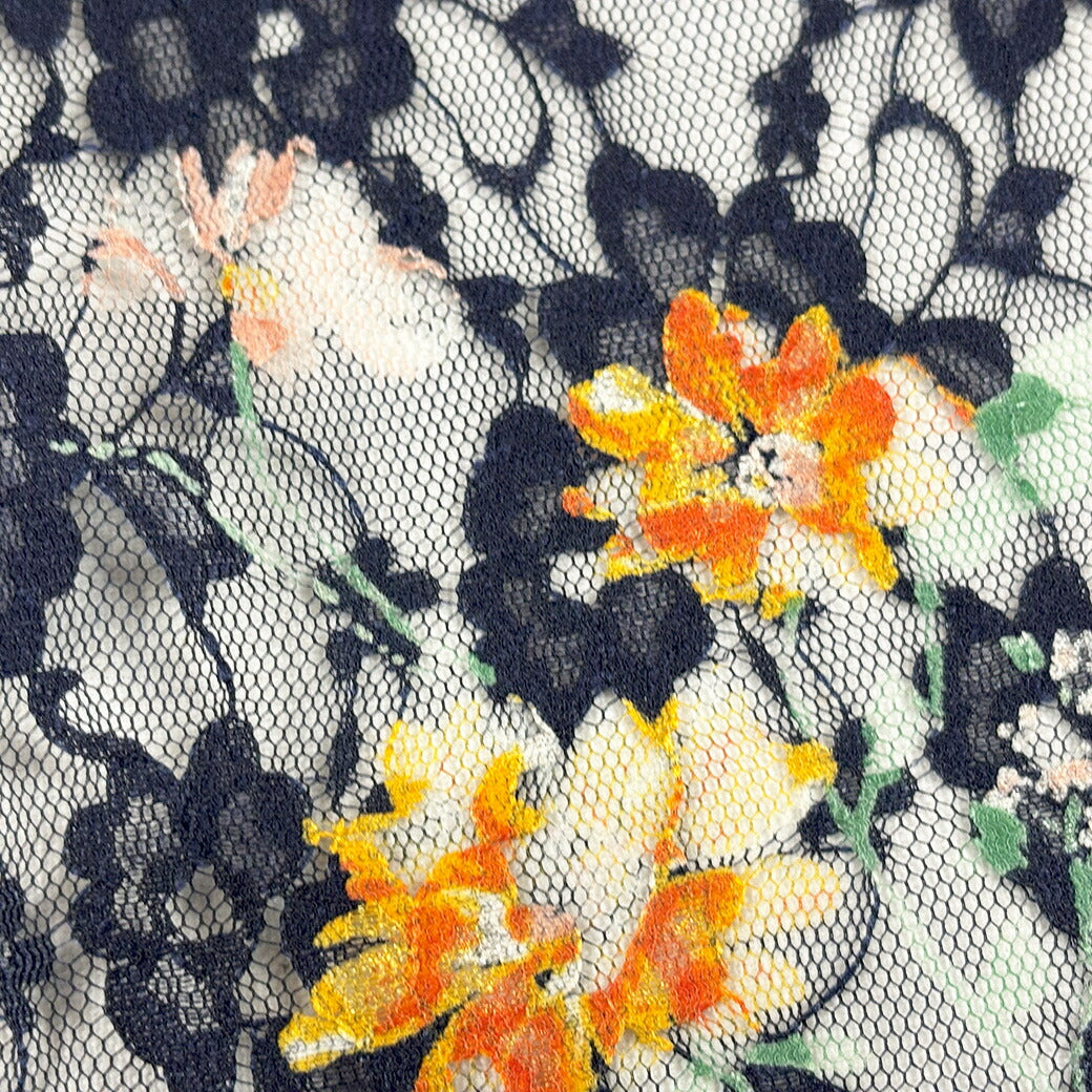 生地 【 ラッセルレース ネイビー 】 レース レース生地 ラッセルレース生地 刺繍 レース刺繍 花柄 植物柄 ボタニカル 伸縮性 ワンピーズ チュニック スカート カーテン テーブルクロス ブライダル ウェディング コスプレ ポ