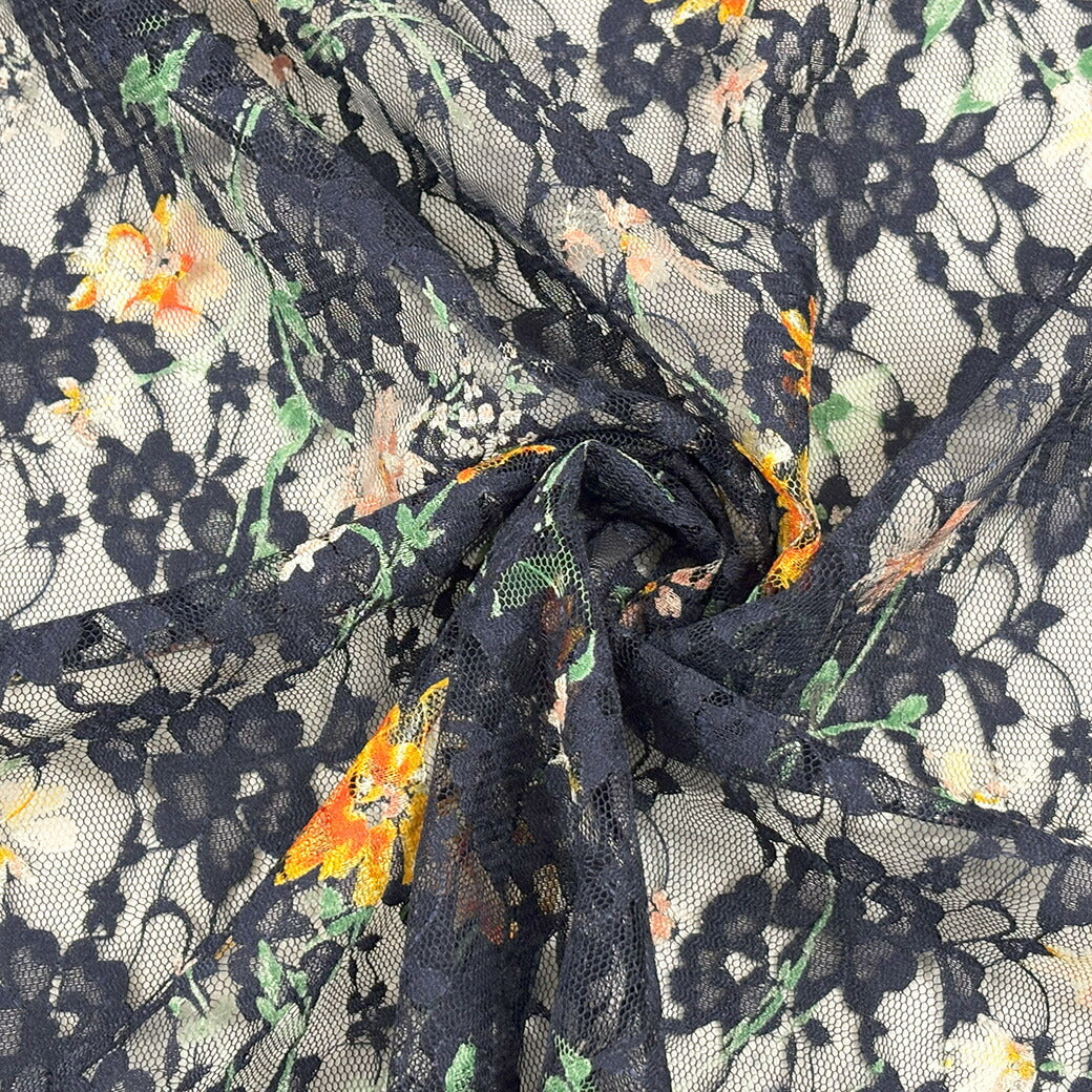 生地 【 ラッセルレース ネイビー 】 レース レース生地 ラッセルレース生地 刺繍 レース刺繍 花柄 植物柄 ボタニカル 伸縮性 ワンピーズ チュニック スカート カーテン テーブルクロス ブライダル ウェディング コスプレ ポ
