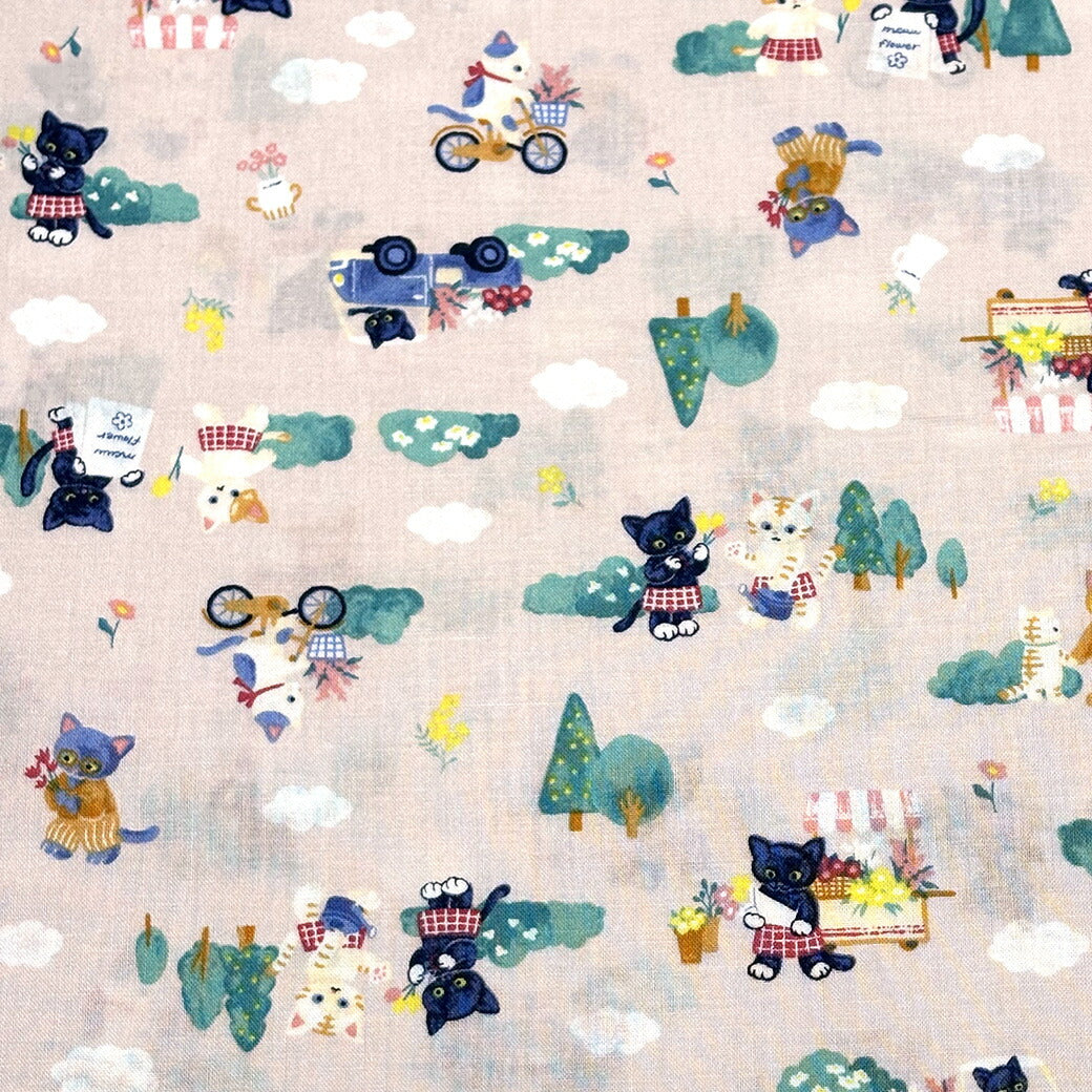 生地 【 にゃんこのお便り ベージュ 】 シーチング生地 猫柄 110cm巾