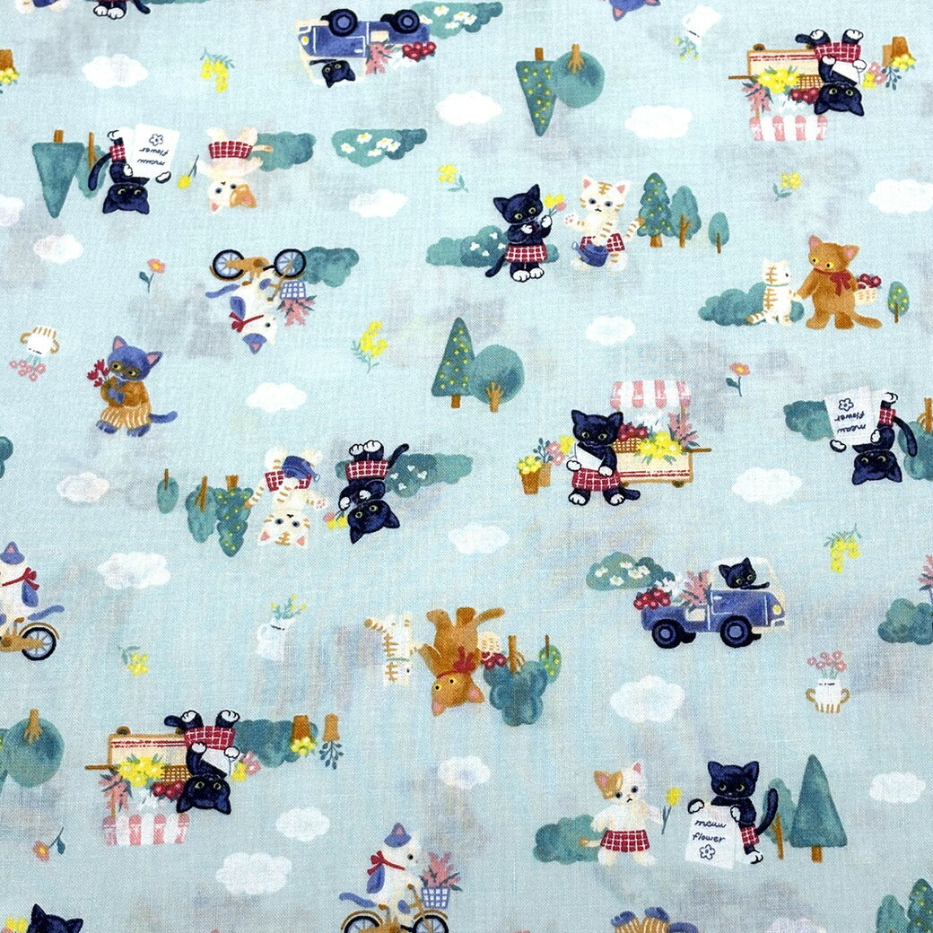 生地 【 にゃんこのお便り ミント 】 シーチング生地 猫柄 110cm巾 綿