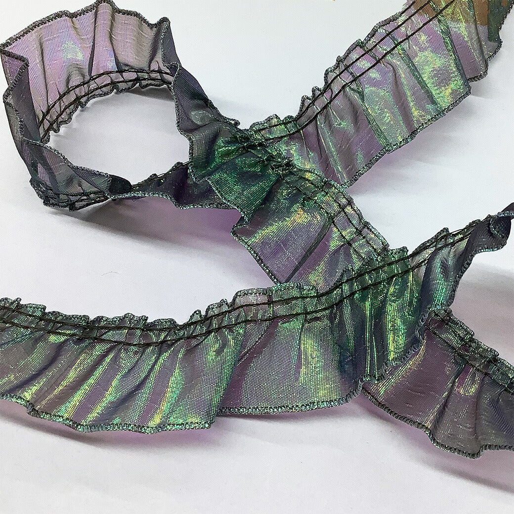 リボン 【 フリルオーロララメタフタリボン 35mm 5色 】 オーロララメ タフタリボン フリル入り 虹色 キラキラ 手芸リボン ハンドメイド コスプレ 発表会 衣装 ハロウィン クリスマス ラッピング素材 切り売り ゆめかわいい Textile world TOA