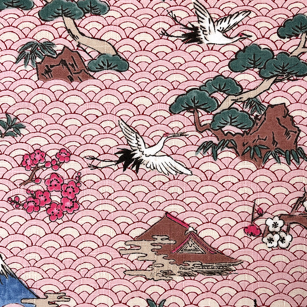 【手刺繍】正絹袋帯地 ピンク地に青海波文様 生地 【 和柄ドビー 青海波 ピンク】 112cm巾 綿100％ 和柄生地 富士山