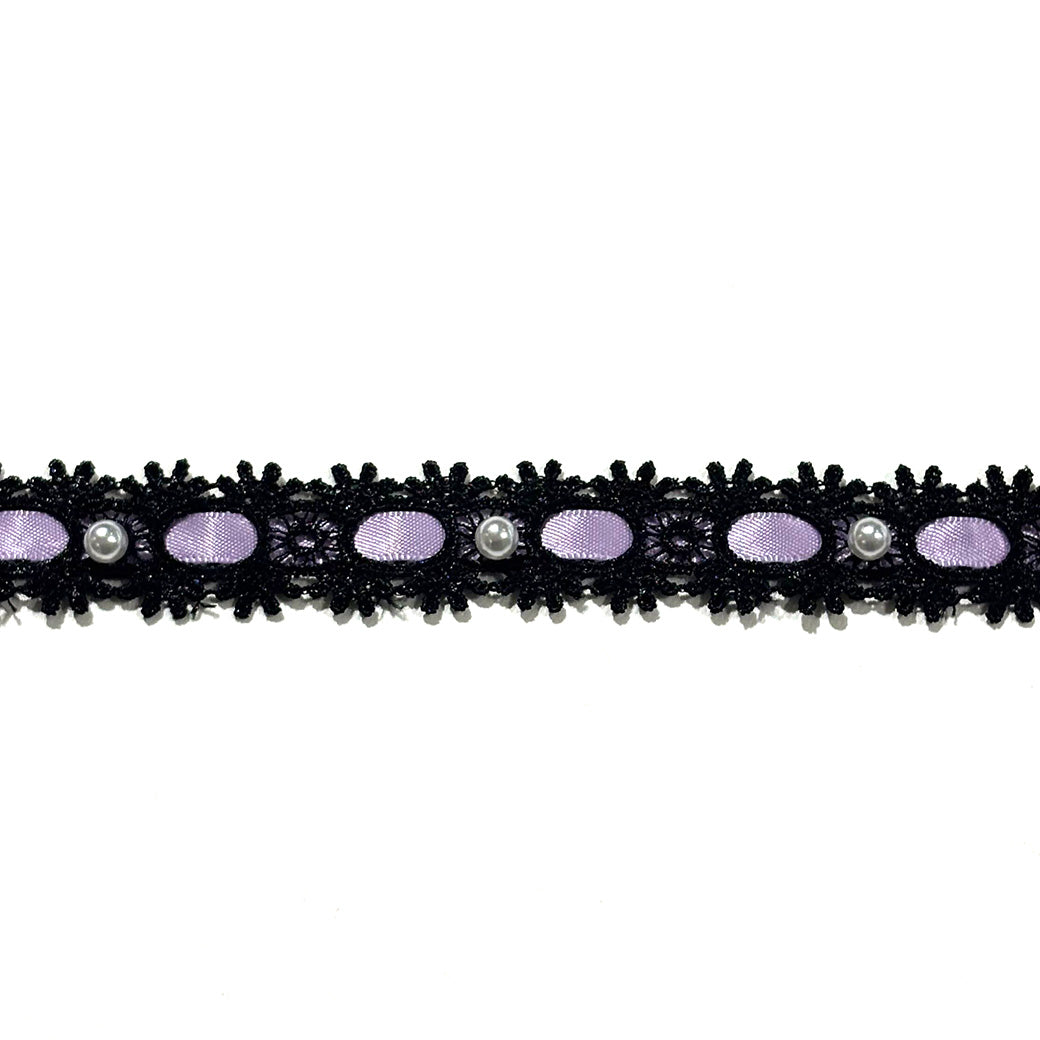 リボン 【 パールレースリボン 22mm 黒紫 】 レースリボン パール付きリボン 手芸用レース 手芸リボン ハンドメイド