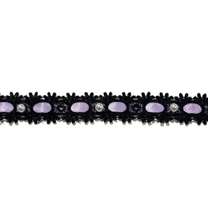 リボン 【 パールレースリボン 22mm 黒紫 】 レースリボン パール付きリボン 手芸用レース 手芸リボン ハンドメイド