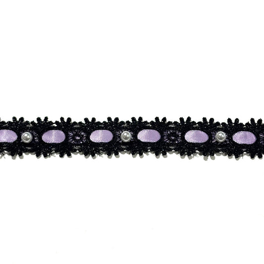 リボン 【 パールレースリボン 22mm 黒紫 】 レースリボン パール付きリボン 手芸用レース 手芸リボン ハンドメイド
