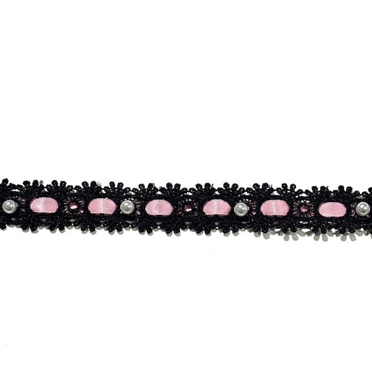 リボン 【 パールレースリボン 22mm 黒ピンク 】 レースリボン パール付きリボン 手芸用レース 手芸リボン ハンドメイド