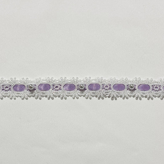 リボン 【 パールレースリボン 22mm 白紫 】 レースリボン パール付きリボン 手芸用レース 手芸リボン ハンドメイド