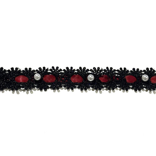 リボン 【 パールレースリボン 22mm 黒赤 】 レースリボン パール付きリボン 手芸用レース 手芸リボン ハンドメイド