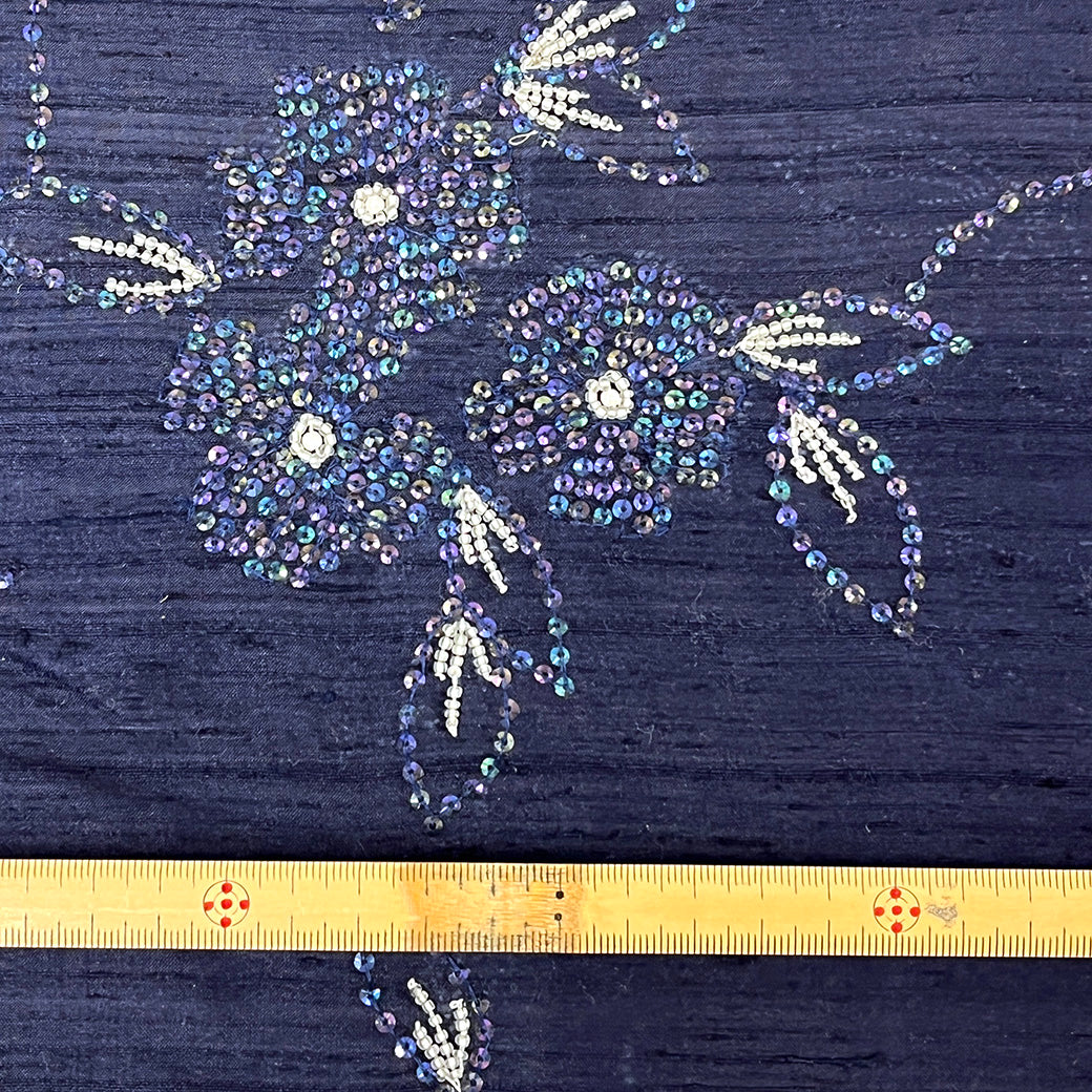 生地 【 シルク ビーズ ネイビー】 112cm巾 シルク生地 ビーズ刺繍