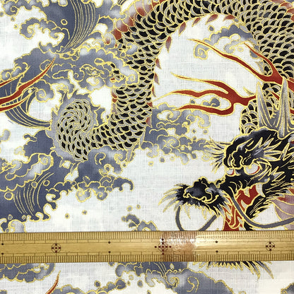 生地 【 和柄ドビー 金 龍 白】ドビー生地 112cm巾 綿100％ 和柄生地 金彩 龍 龍柄 和柄 和調プリント