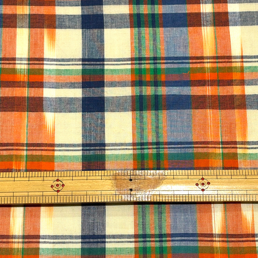 生地 【 インド綿マドラスチェック イカット オレンジ×グリーン 】 108cm巾 綿100％ ikat チェック生地 コットンチェック 先染め