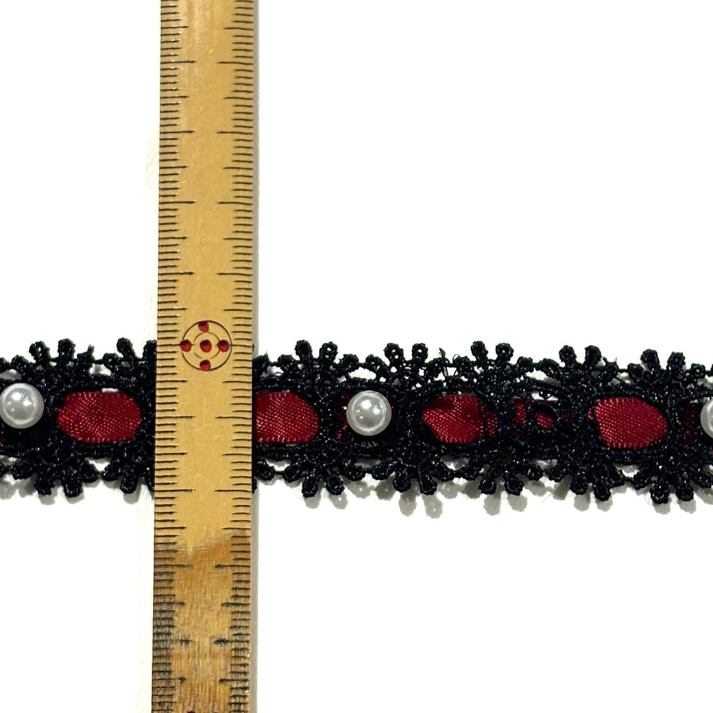 リボン 【 パールレースリボン 22mm 黒赤 】 レースリボン パール付きリボン 手芸用レース 手芸リボン ハンドメイド