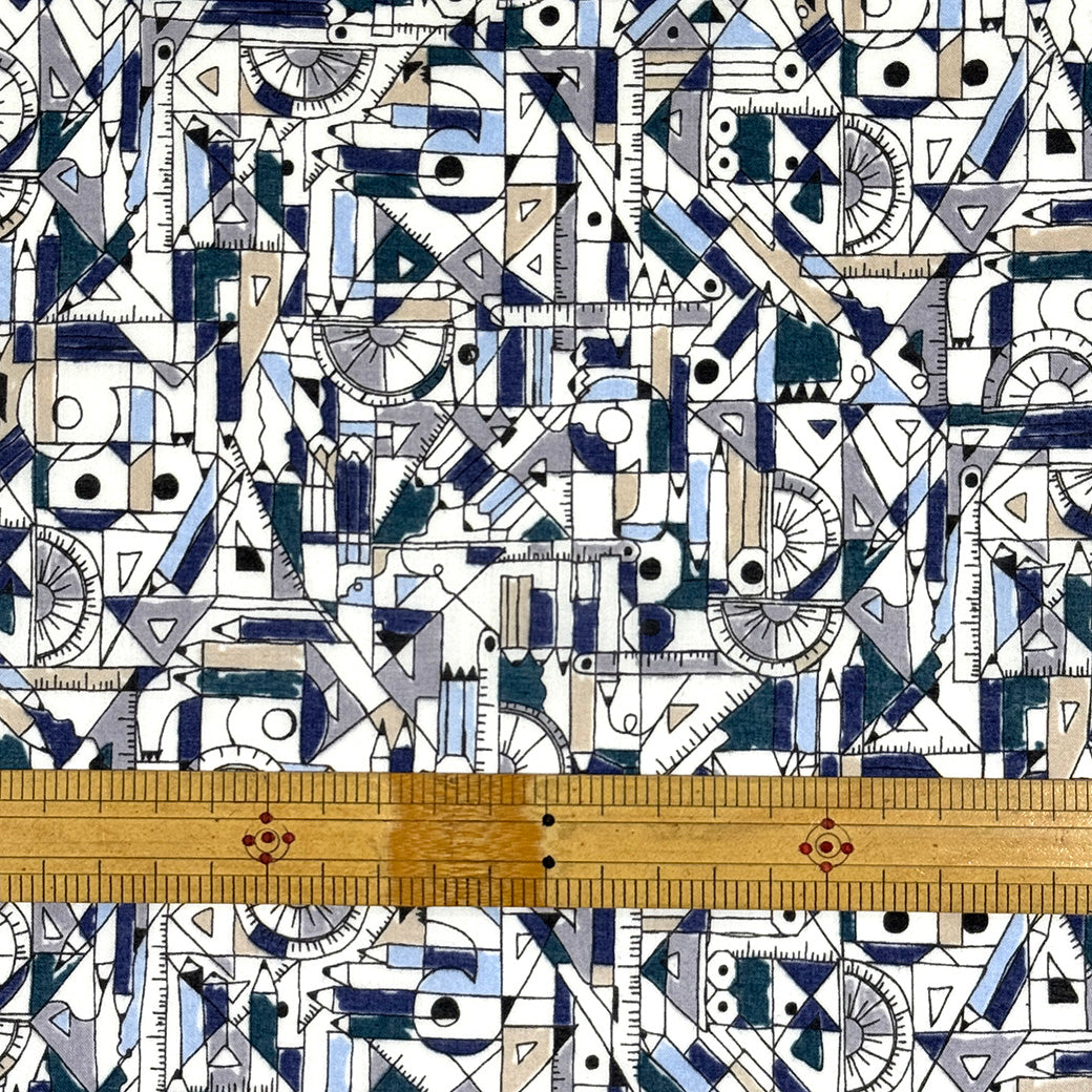 生地 【 60ローンプリント 文房具 オフ×紺 】 ローン生地 105cm巾 綿生地 綿 コットン 綿100％ 文房具 筆記用具 勉強道具 鉛筆