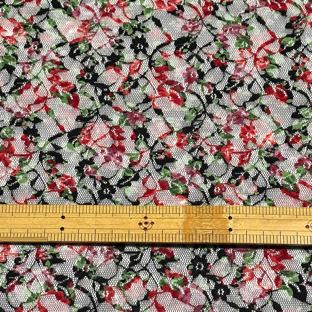 生地 【 花柄ラッセルレース 黒赤緑】 レース レース生地 花柄レース 刺繍 レース刺繍 108cm巾 ポリエステル ラッセル編