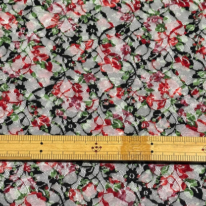 生地 【 花柄ラッセルレース 黒赤緑】 レース レース生地 花柄レース 刺繍 レース刺繍 108cm巾 ポリエステル ラッセル編