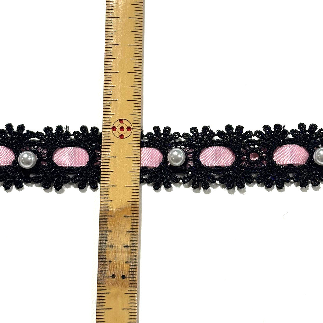 リボン 【 パールレースリボン 22mm 黒ピンク 】 レースリボン パール付きリボン 手芸用レース 手芸リボン ハンドメイド