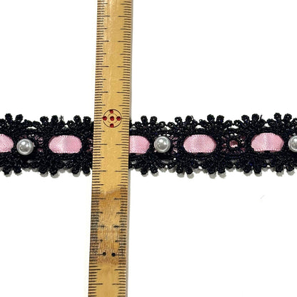 リボン 【 パールレースリボン 22mm 黒ピンク 】 レースリボン パール付きリボン 手芸用レース 手芸リボン ハンドメイド