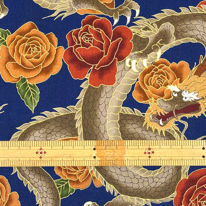 生地 【 和柄　龍と薔薇　紺青】和柄生地 巾110cm 綿100％ プリント生地 和風 和モダン 日本柄 龍柄 辰 花柄 バラ