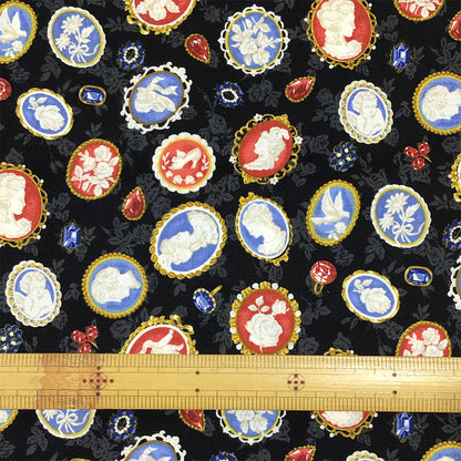 生地 【 QUILT GATE 西欧チャーム 黒 】 キルトゲイト シーチング生地 108cm巾 貴婦人 マリーアントワネット カメオ ジュエル 西欧風 国産 綿プリント